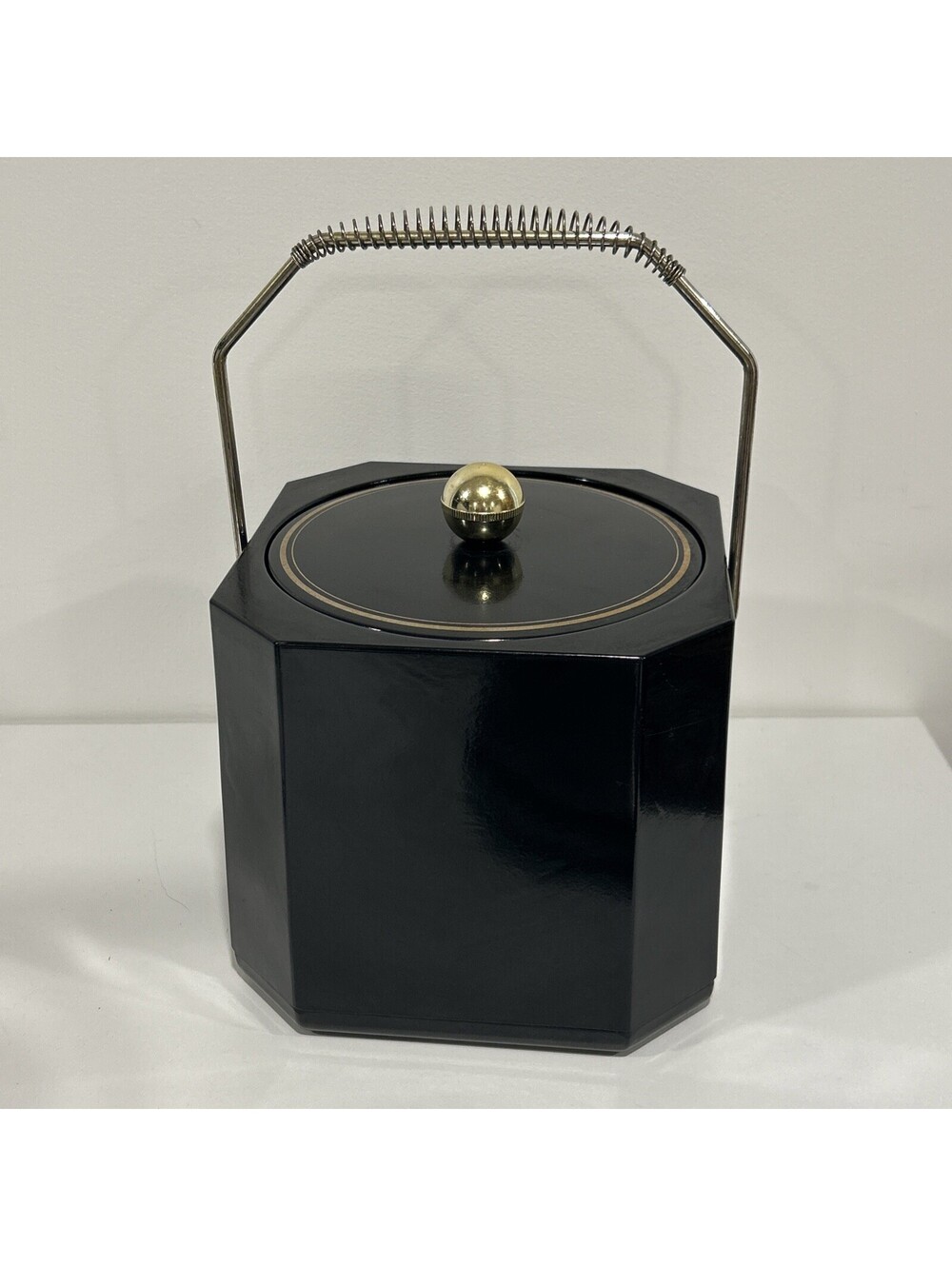 Vintage Black Lacquer Ice Bucket Made in Japan Gold Trim 6.5”